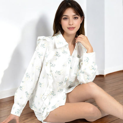 Anna-Kaci Women's Floral Ruffled Button-Down Shirt and Shorts Set