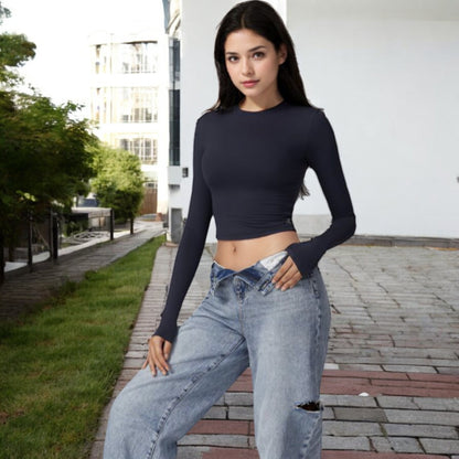 Anna-Kaci Women's Long Sleeve Cropped Crew Neck Top