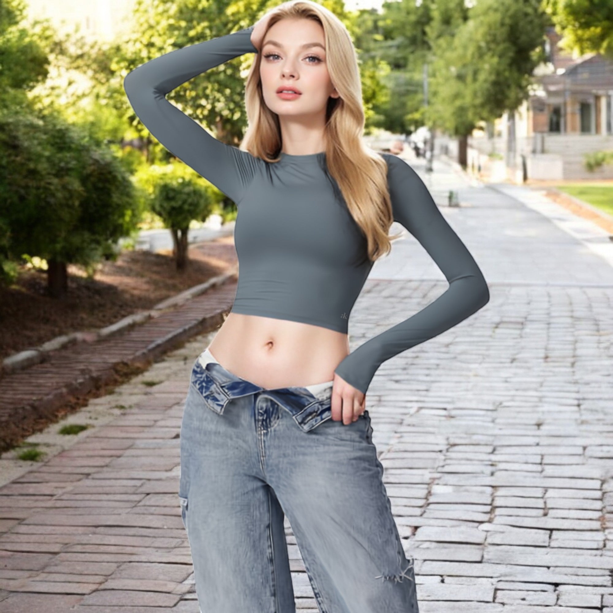 Anna-Kaci Women's Long Sleeve Cropped Crew Neck Top