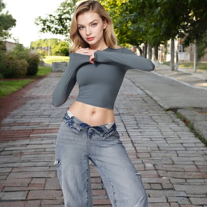 Anna-Kaci Women's Long Sleeve Cropped Crew Neck Top