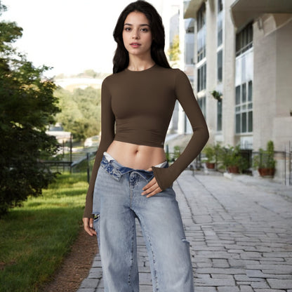Anna-Kaci Women's Long Sleeve Cropped Crew Neck Top