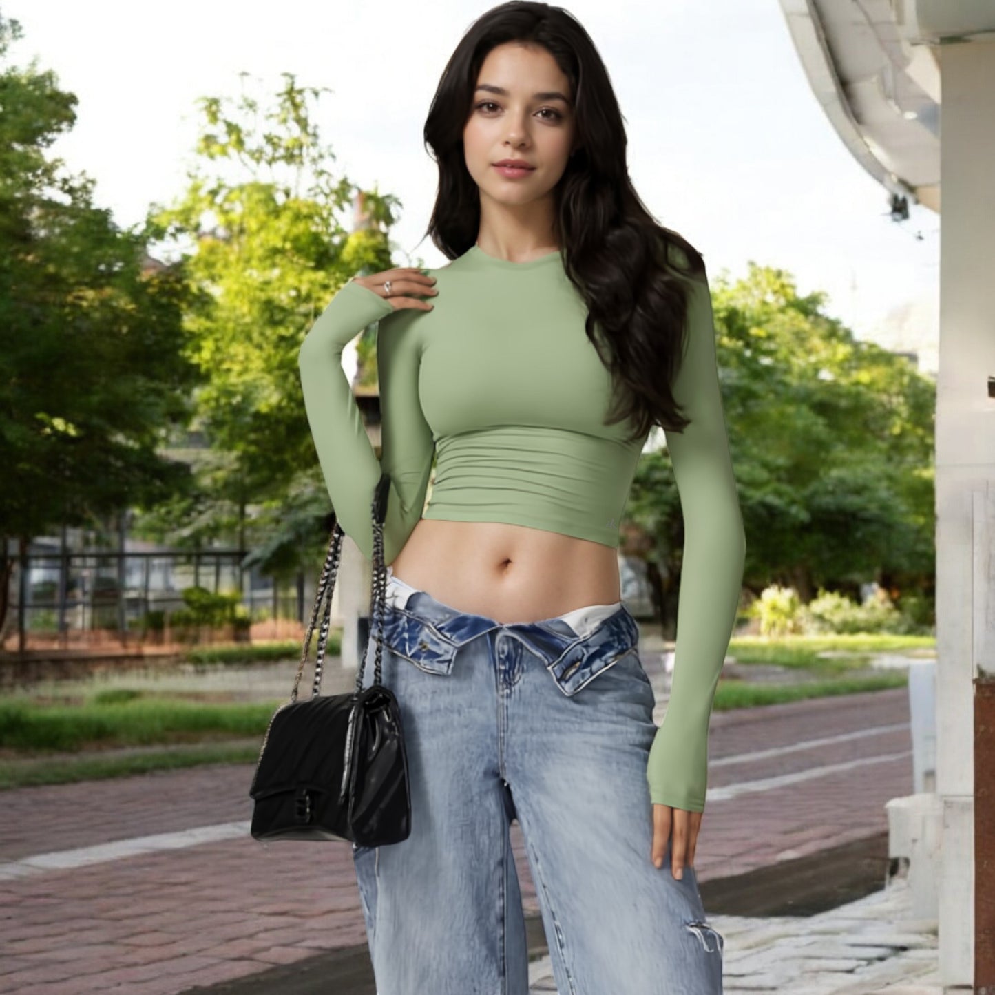 Anna-Kaci Women's Long Sleeve Cropped Crew Neck Top