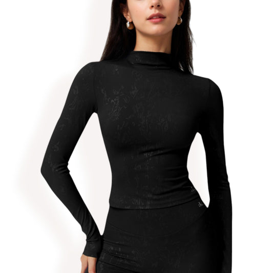 Anna-Kaci Women's High Neck Long Sleeve Active Top with Subtle Pattern