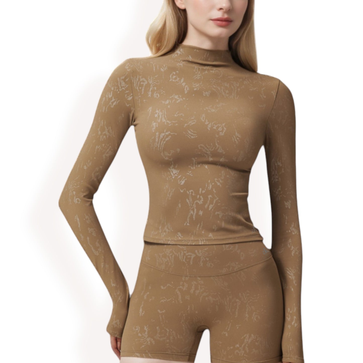 Anna-Kaci Women's High Neck Long Sleeve Active Top with Subtle Pattern