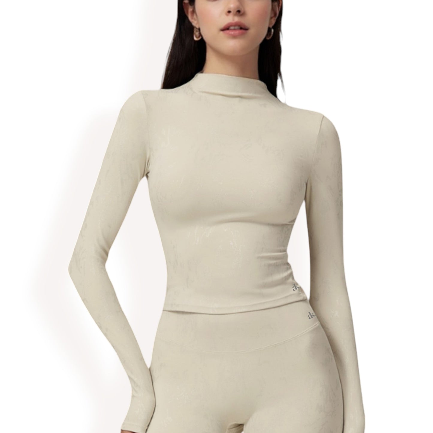 Anna-Kaci Women's High Neck Long Sleeve Active Top with Subtle Pattern