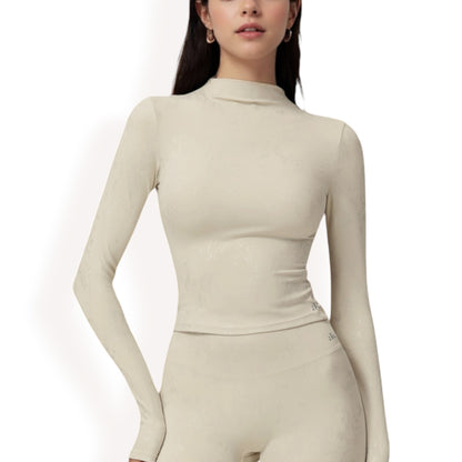 Anna-Kaci Women's High Neck Long Sleeve Active Top with Subtle Pattern