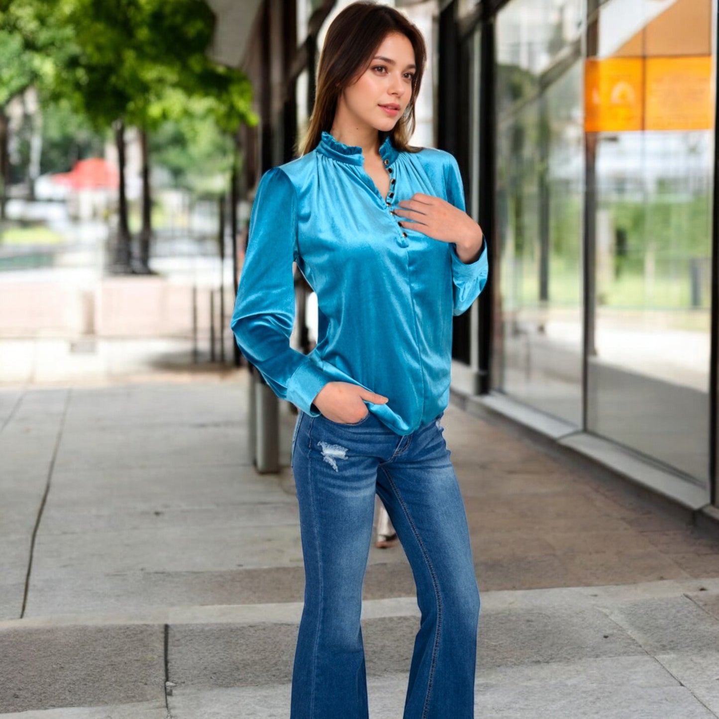 Anna-Kaci Women's Velvet Long Sleeve Blouse with Ruffled Collar and Button Detail