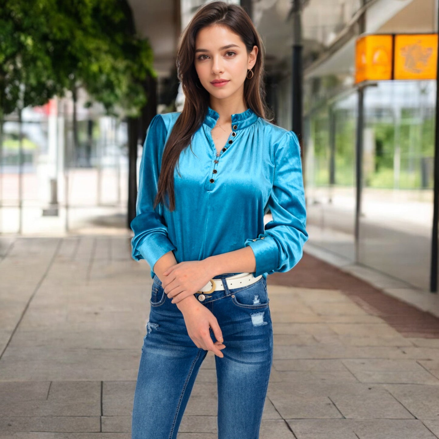 Anna-Kaci Women's Velvet Long Sleeve Blouse with Ruffled Collar and Button Detail