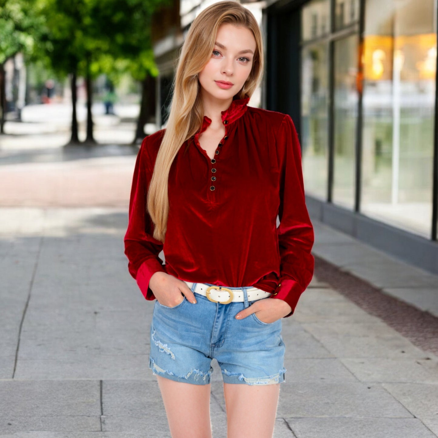 Anna-Kaci Women's Velvet Long Sleeve Blouse with Ruffled Collar and Button Detail