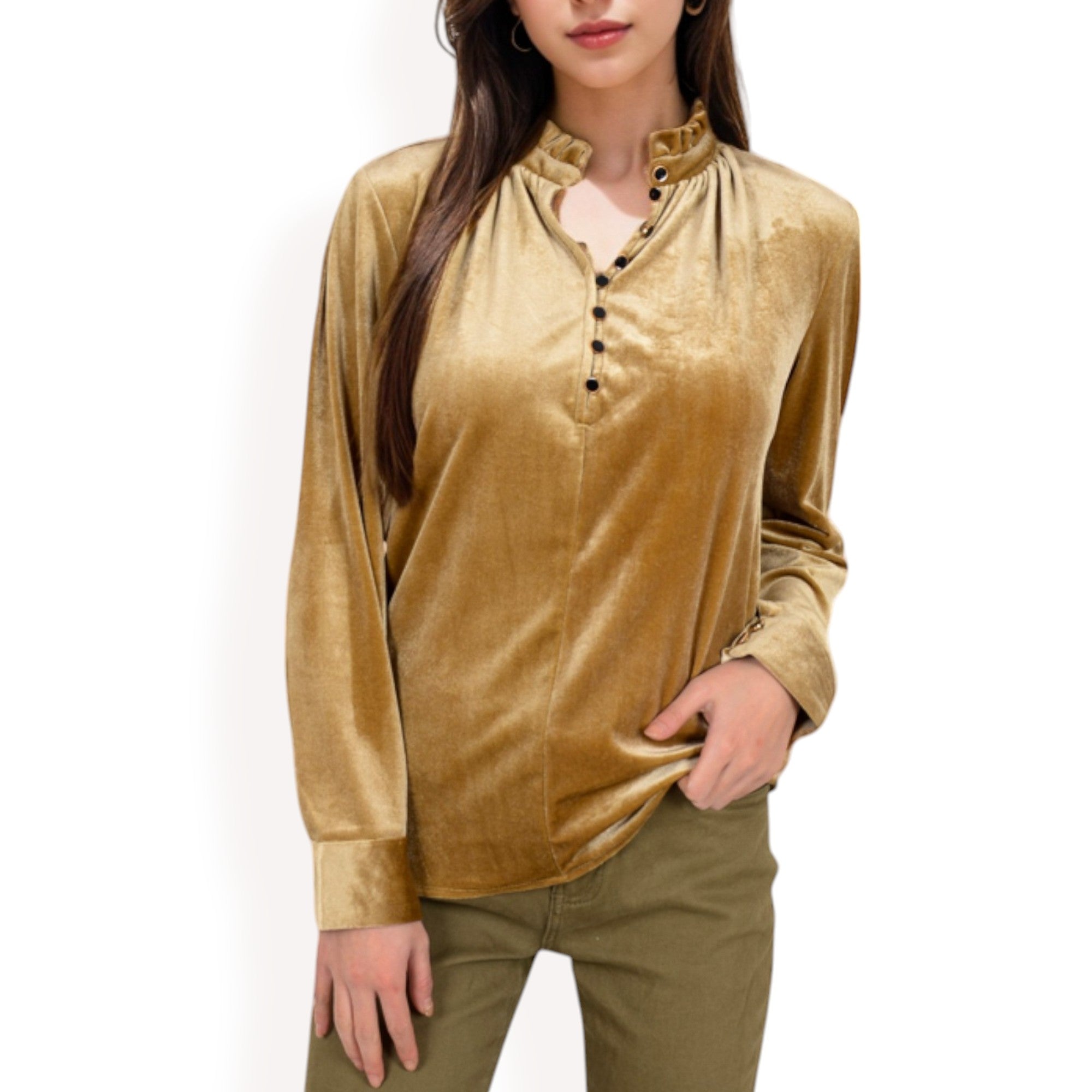 Anna-Kaci Women's Velvet Long Sleeve Blouse with Ruffled Collar and Button Detail