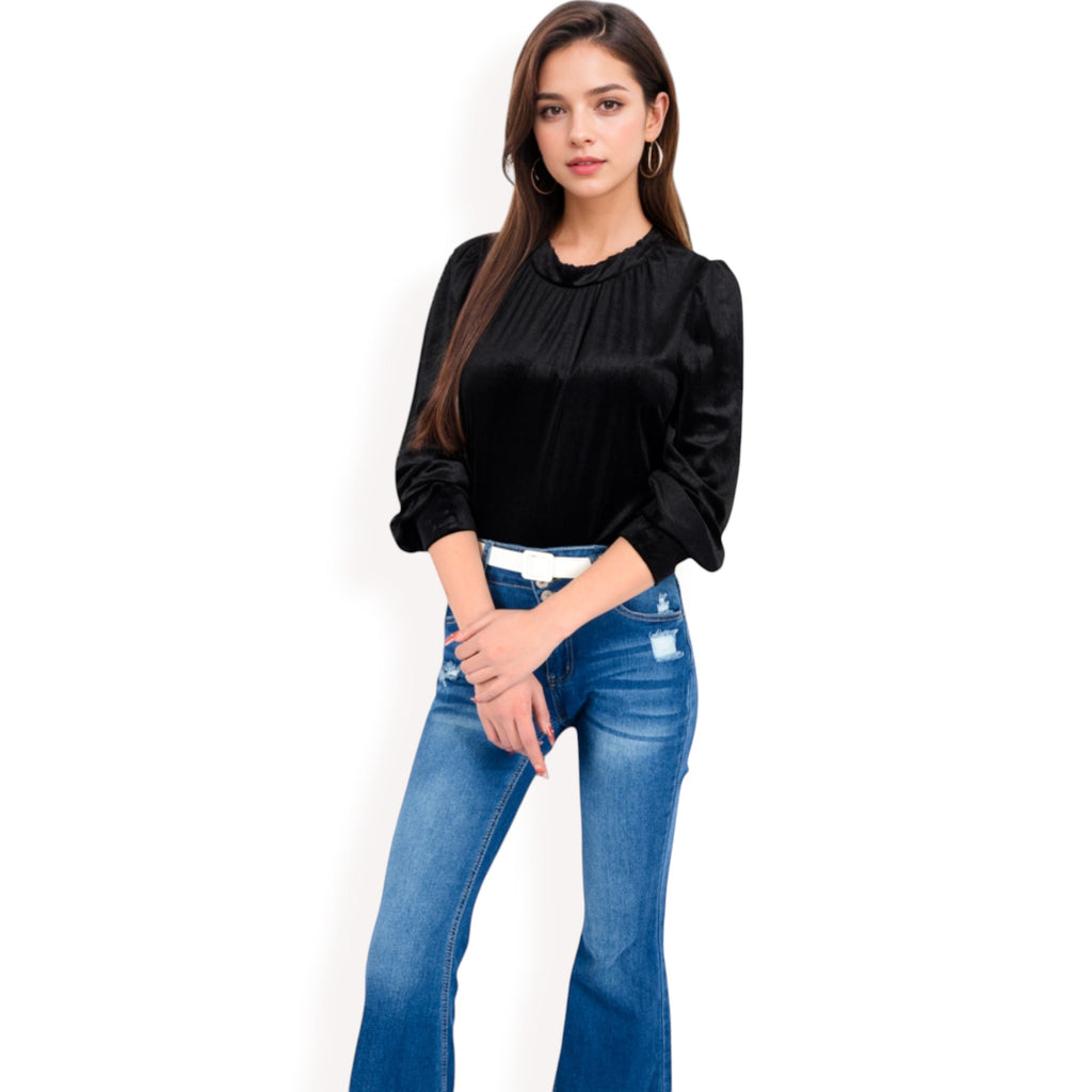 Anna-Kaci Women's Velvet Long Sleeve Top with Puff Shoulders