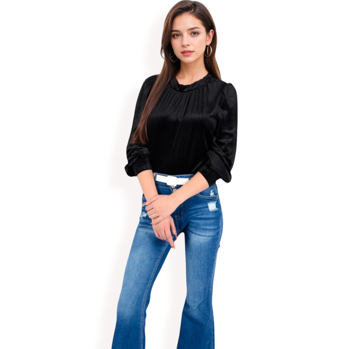 Anna-Kaci Women's Velvet Long Sleeve Top with Puff Shoulders