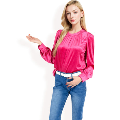 Anna-Kaci Women's Velvet Long Sleeve Top with Puff Shoulders