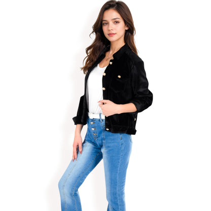 Anna-Kaci Women's Button-Up Velvet Jacket with Chest Pockets