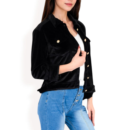 Anna-Kaci Women's Button-Up Velvet Jacket with Chest Pockets