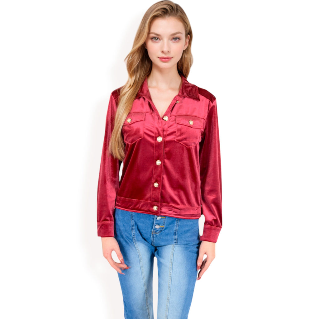 Anna-Kaci Women's Button-Up Velvet Jacket with Chest Pockets