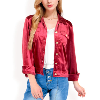 Anna-Kaci Women's Button-Up Velvet Jacket with Chest Pockets