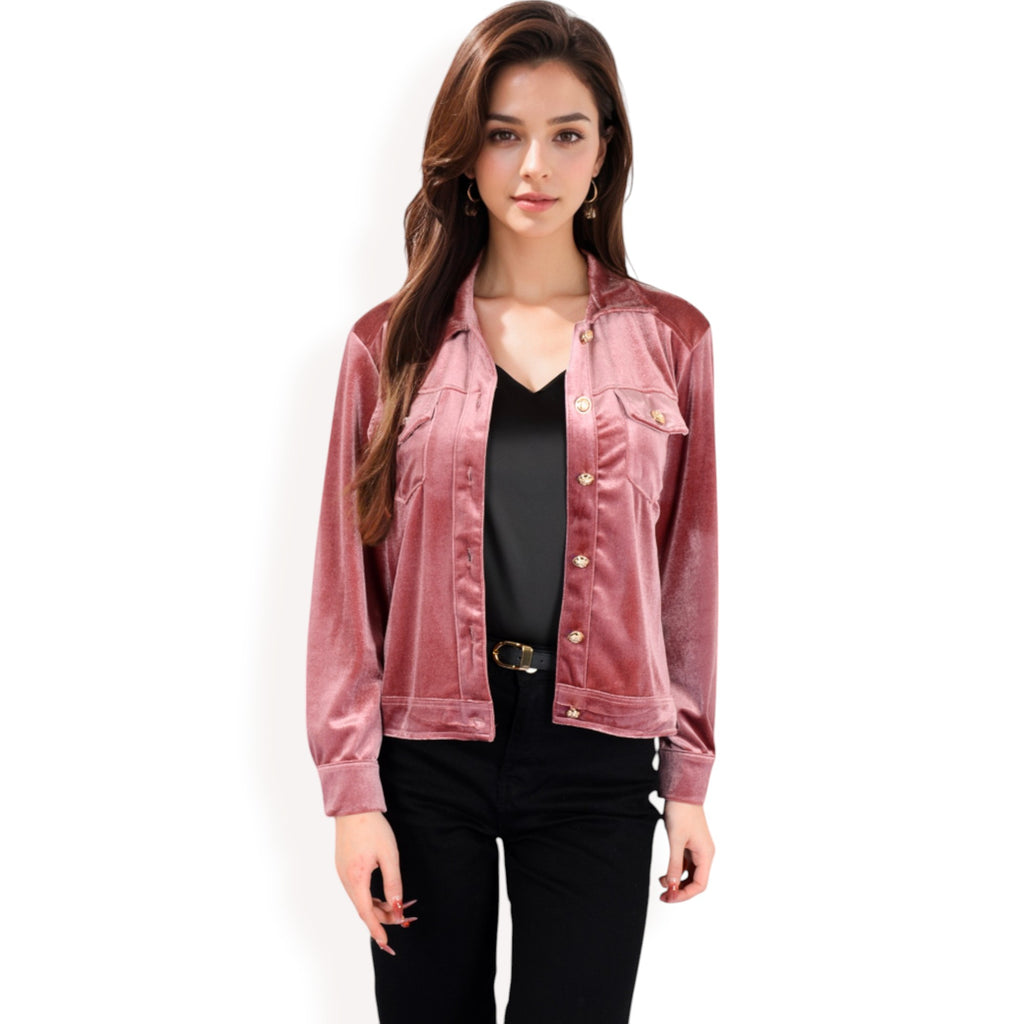 Anna-Kaci Women's Button-Up Velvet Jacket with Chest Pockets