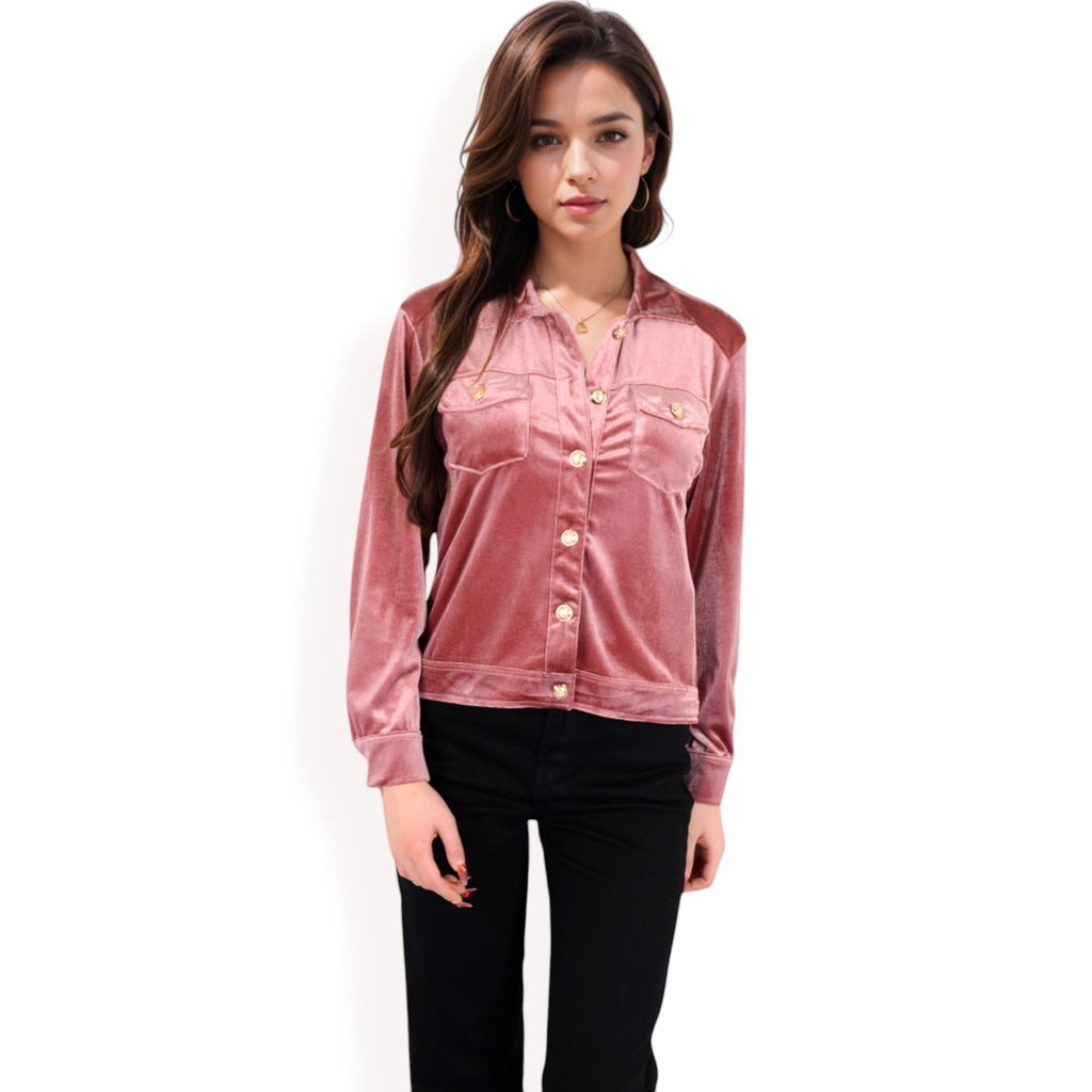Anna-Kaci Women's Button-Up Velvet Jacket with Chest Pockets