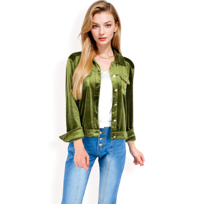 Anna-Kaci Women's Button-Up Velvet Jacket with Chest Pockets
