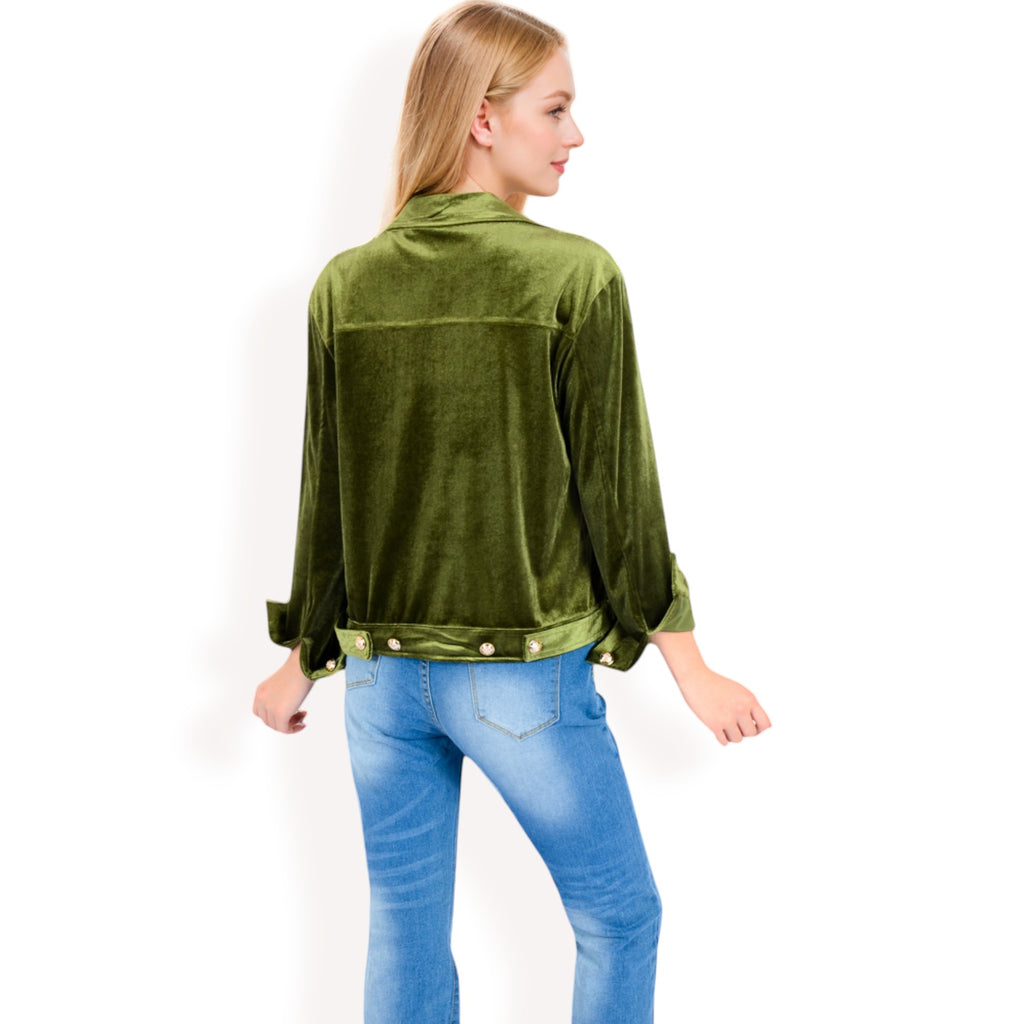 Anna-Kaci Women's Button-Up Velvet Jacket with Chest Pockets