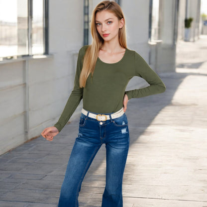 Anna-Kaci Women's Long Sleeve Scoop Neck Stretch Knit Top