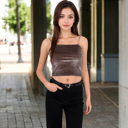 Anna-Kaci Women's Velvet Spaghetti Strap Cropped Cami Top