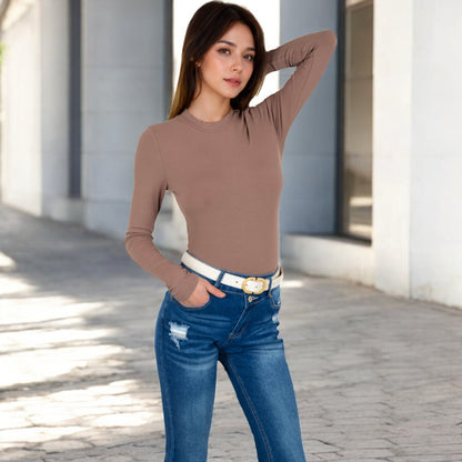 Anna-Kaci Women's Ribbed Long Sleeve Fitted Crew Neck Top