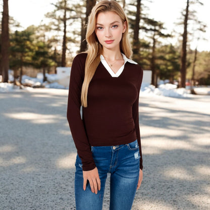 Anna-Kaci Women's Long Sleeve V-Neck Shirt with Contrast Collar
