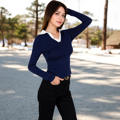 Anna-Kaci Women's Long Sleeve V-Neck Shirt with Contrast Collar