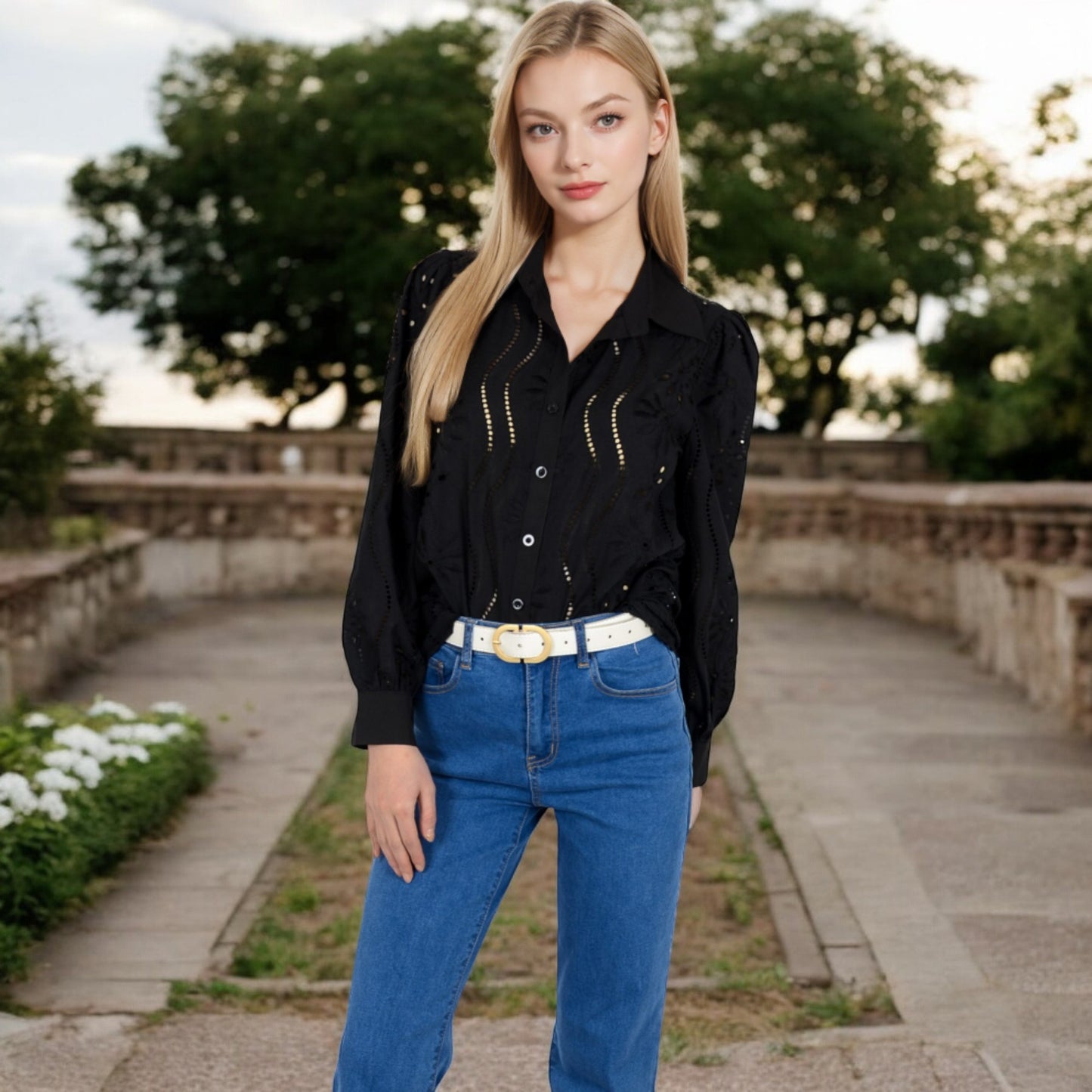 Anna-Kaci Women's Embroidered Eyelet Long Sleeve Button-Up Blouse