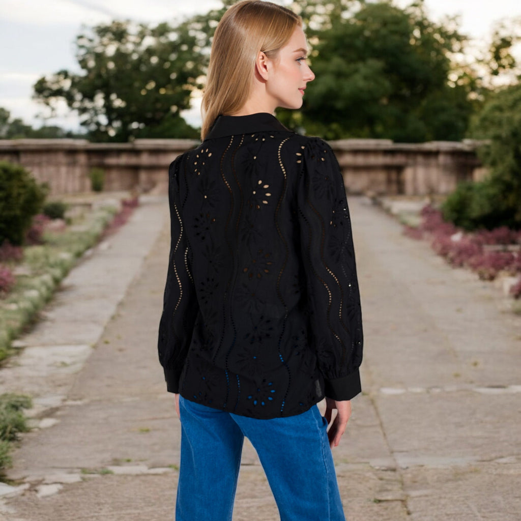Anna-Kaci Women's Embroidered Eyelet Long Sleeve Button-Up Blouse