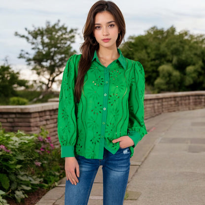 Anna-Kaci Women's Embroidered Eyelet Long Sleeve Button-Up Blouse