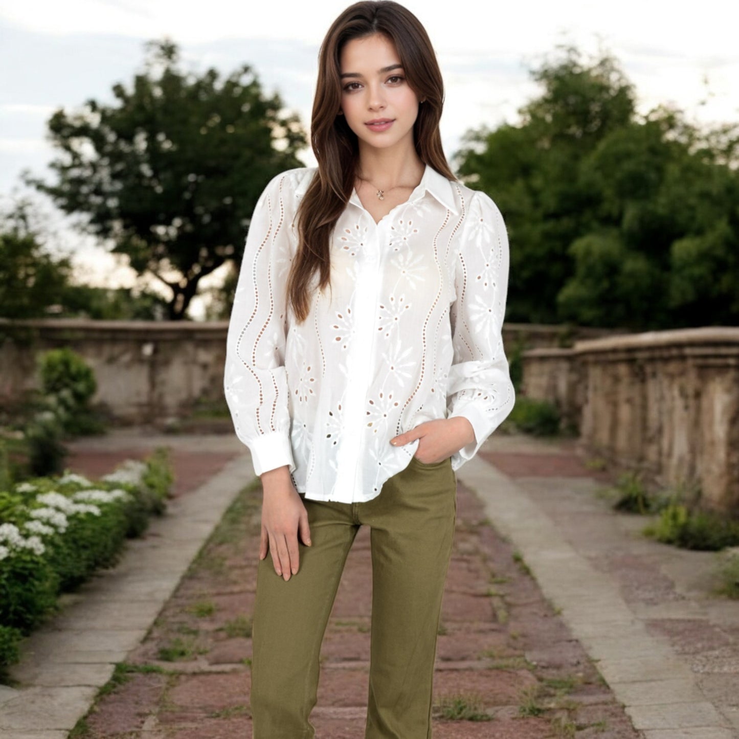 Anna-Kaci Women's Embroidered Eyelet Long Sleeve Button-Up Blouse