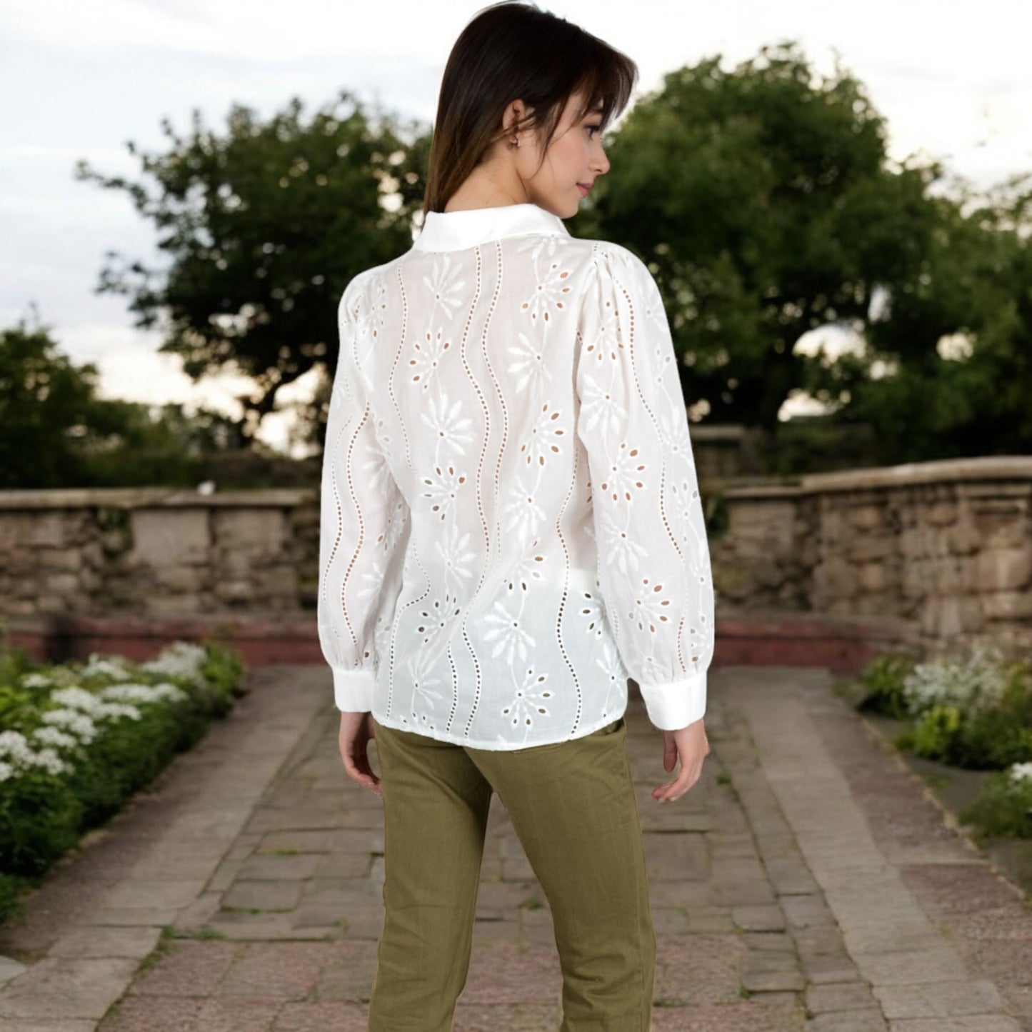 Anna-Kaci Women's Embroidered Eyelet Long Sleeve Button-Up Blouse