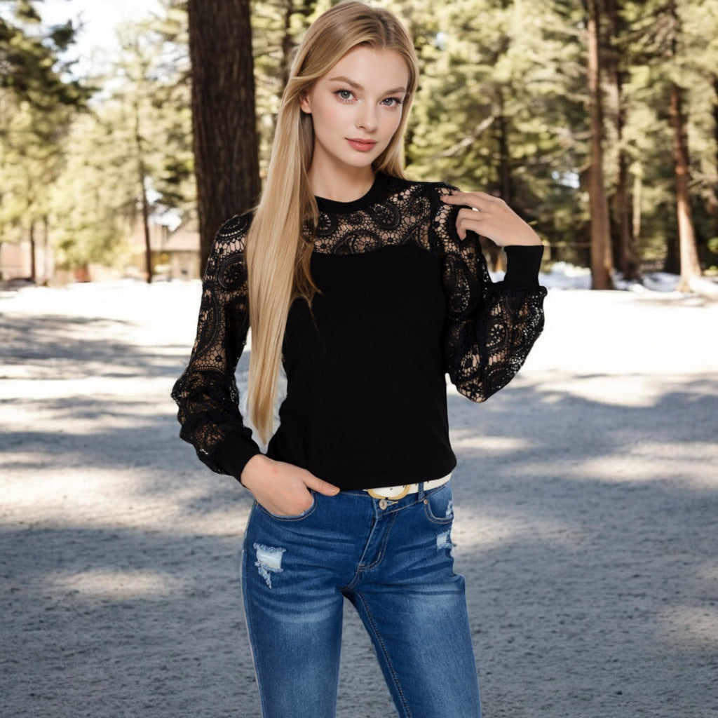 Anna-Kaci Women's Long Sleeve Lace Detail Top with Stretch Knit Bodice