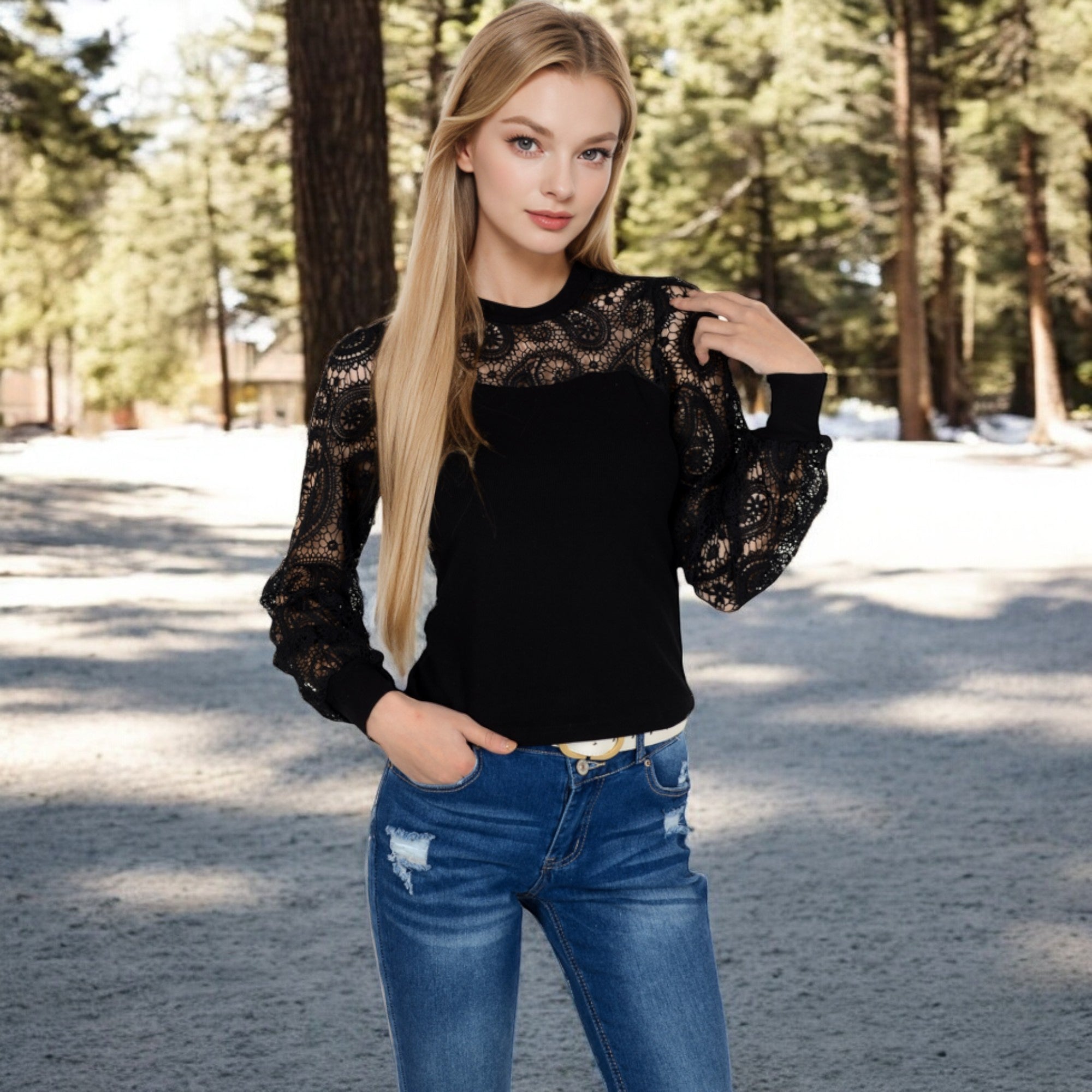 Anna-Kaci Women's Long Sleeve Lace Detail Top with Stretch Knit Bodice