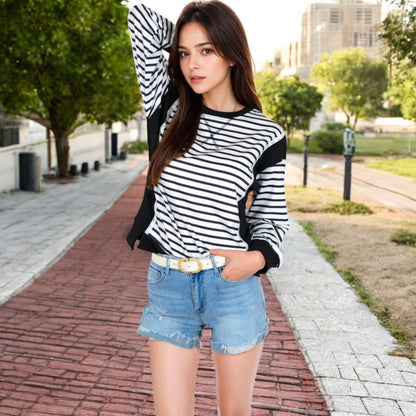 Anna-Kaci Women's Striped Crew Neck Sweatshirt with Contrast Sleeves