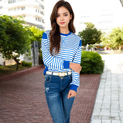 Anna-Kaci Women's Striped Crew Neck Sweatshirt with Contrast Sleeves