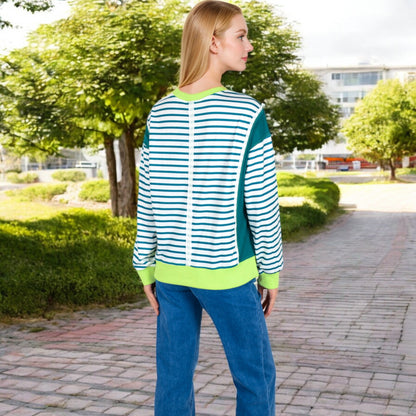 Anna-Kaci Women's Striped Crew Neck Sweatshirt with Contrast Sleeves