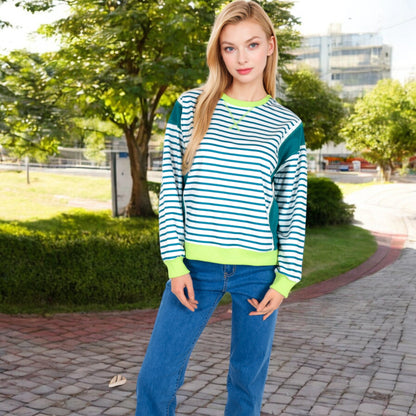 Anna-Kaci Women's Striped Crew Neck Sweatshirt with Contrast Sleeves