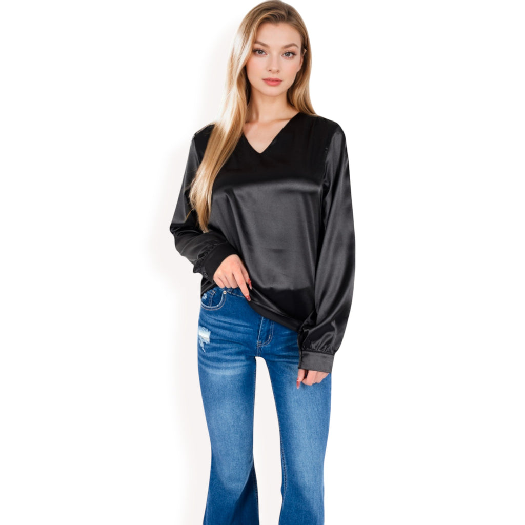 Anna-Kaci Women's Satin Long Sleeve V-Neck Blouse with Cuffed Sleeves