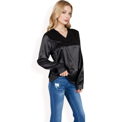 Anna-Kaci Women's Satin Long Sleeve V-Neck Blouse with Cuffed Sleeves