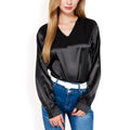 Anna-Kaci Women's Satin Long Sleeve V-Neck Blouse with Cuffed Sleeves