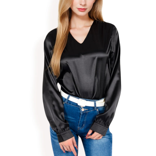 Anna-Kaci Women's Satin Long Sleeve V-Neck Blouse with Cuffed Sleeves