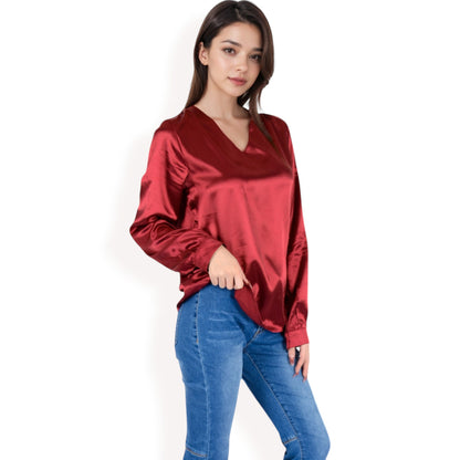 Anna-Kaci Women's Satin Long Sleeve V-Neck Blouse with Cuffed Sleeves