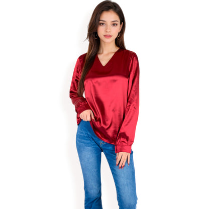 Anna-Kaci Women's Satin Long Sleeve V-Neck Blouse with Cuffed Sleeves
