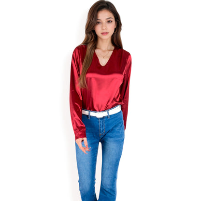 Anna-Kaci Women's Satin Long Sleeve V-Neck Blouse with Cuffed Sleeves