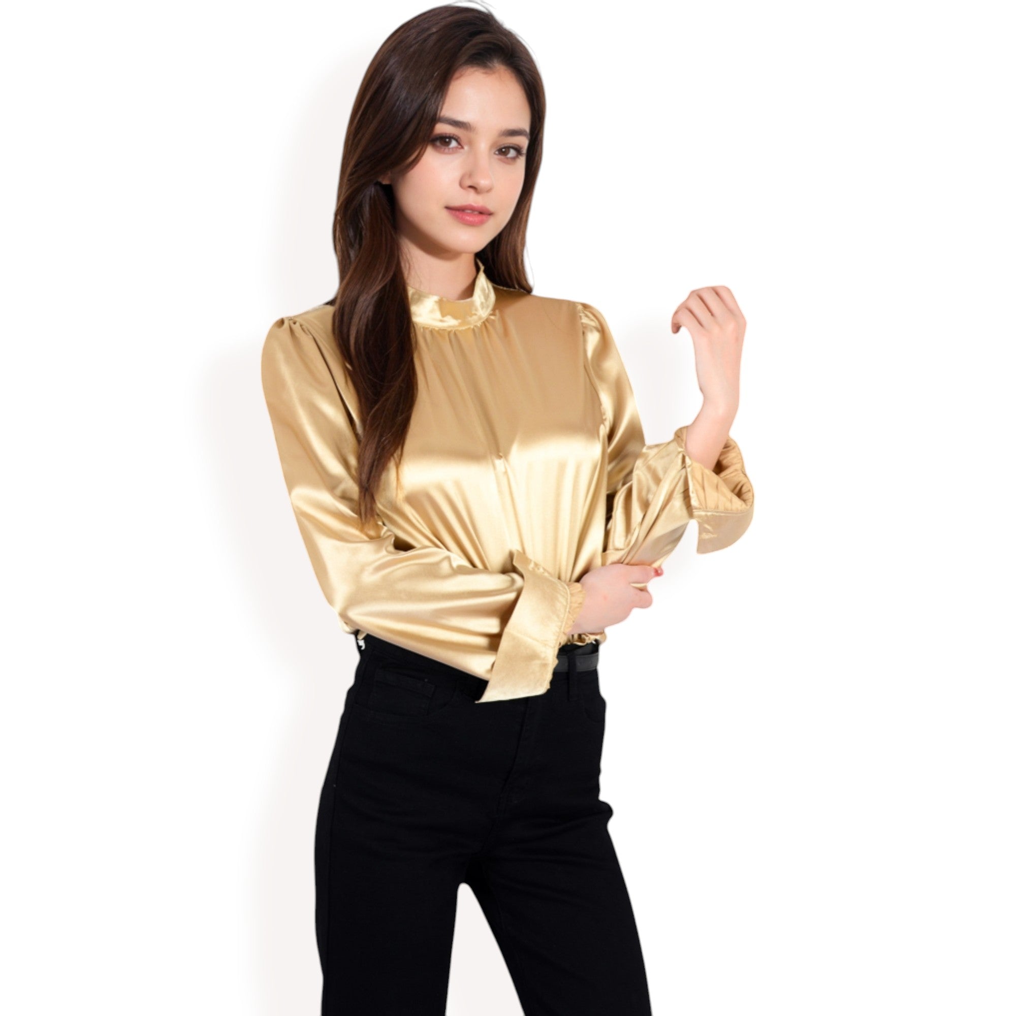 Anna-Kaci Women's Satin Long Sleeve Blouse with High Neck and Puff Sleeves