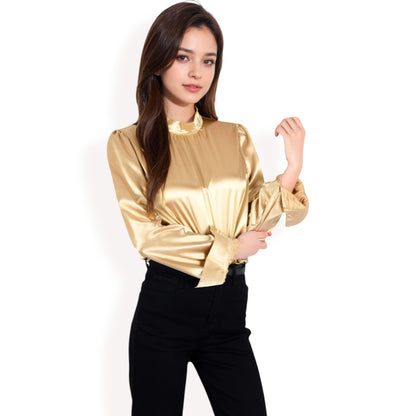 Anna-Kaci Women's Satin Long Sleeve Blouse with High Neck and Puff Sleeves